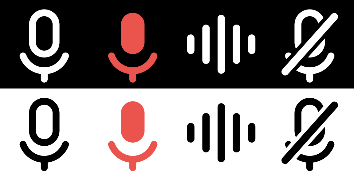 VoiceSmith's four menu bar states — idle, recording, working and needs-attention — on dark and light menu bars